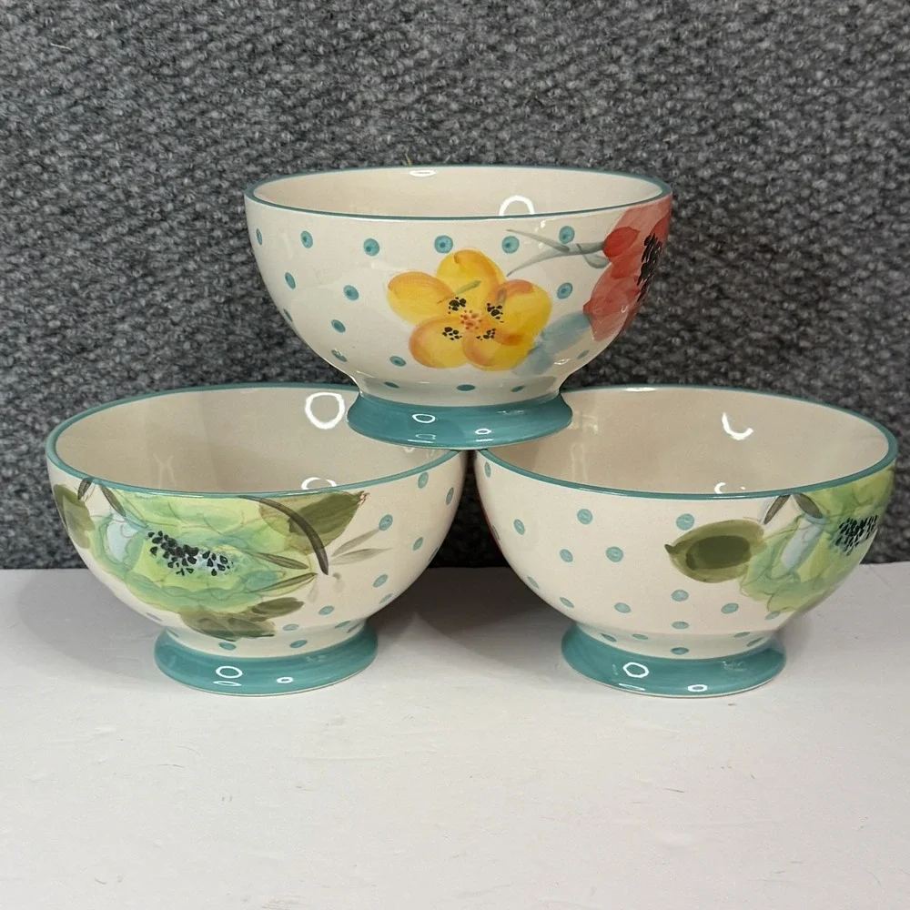 3 Pioneer Woman Bloom Dots Turquoise Footed Bowls 6